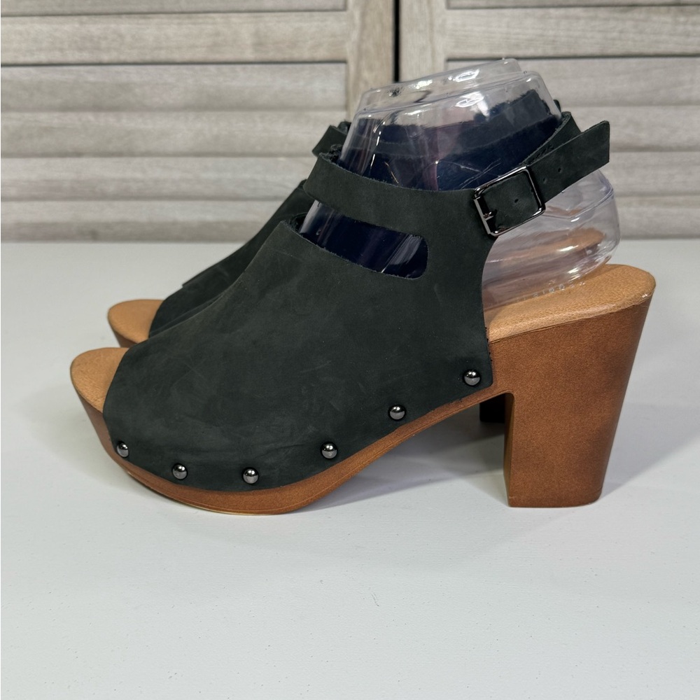 TORRID (Insider Collection) Genuine Leather Wood Peep Toe Heels Black/Tan-9 - Picture 2 of 6